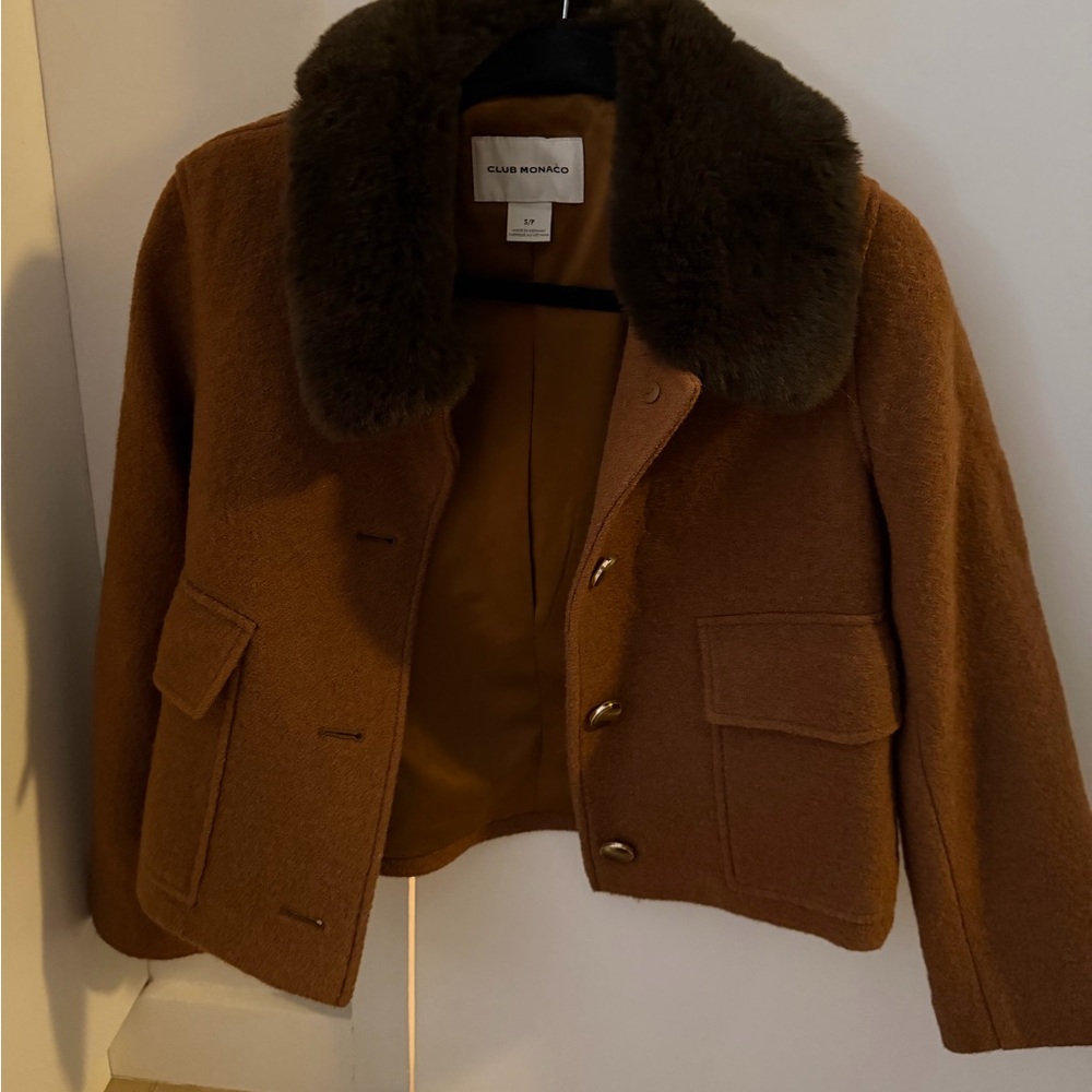 Club Monaco Brown Coat with Dark Fur Collar - Size small